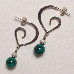 Malachite, Pearl and Sterling Heart Earrings